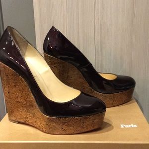 Christian Louboutin Patent Wedge Pumps in Plum and Cork